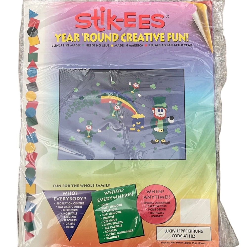 Vtg Stik-ees Window Clings 90s‎ Teacher School lucky leprechaun st Patrick's day